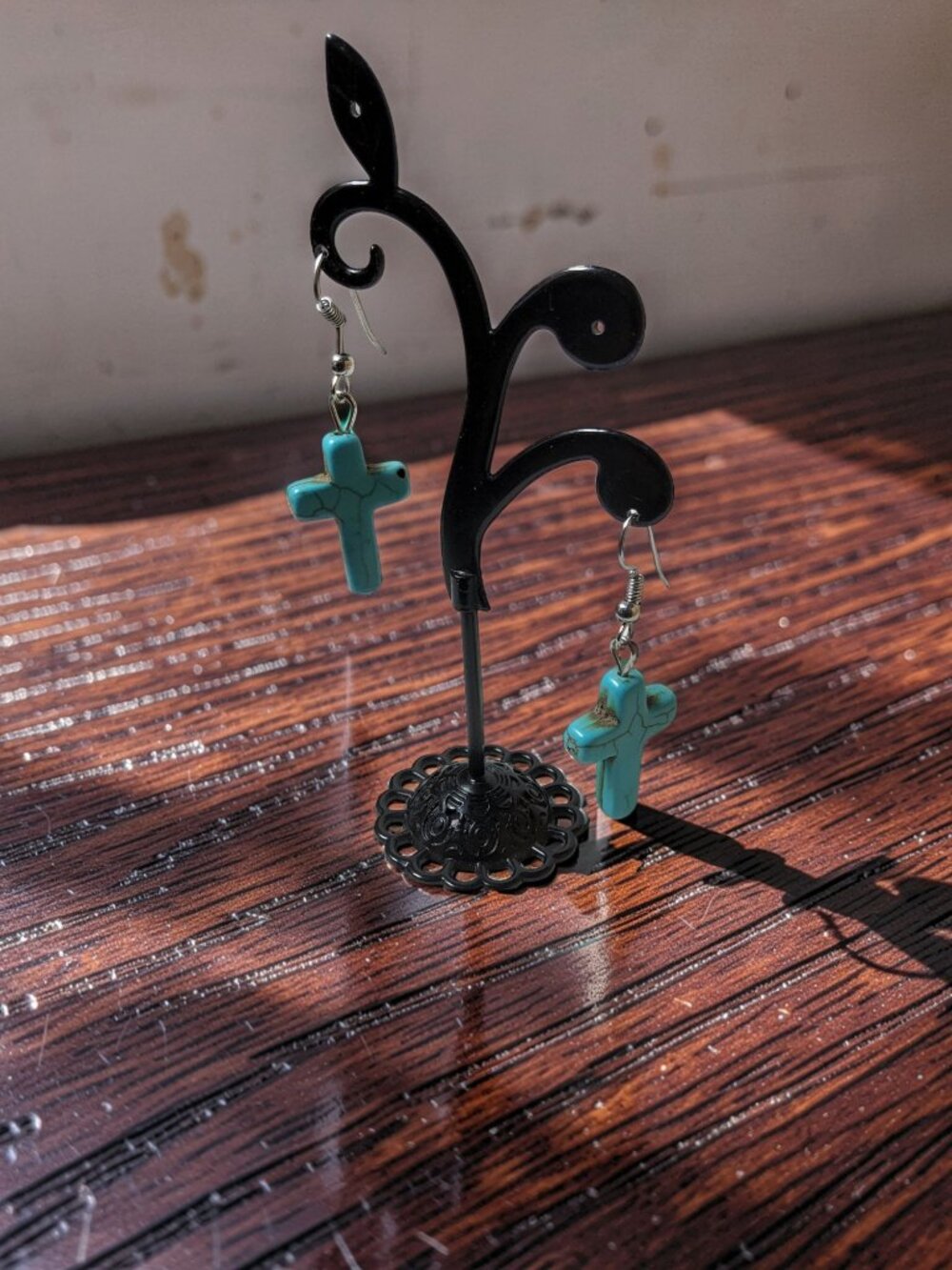 vintage faux torquois holy cross wire drop/dangle earrings